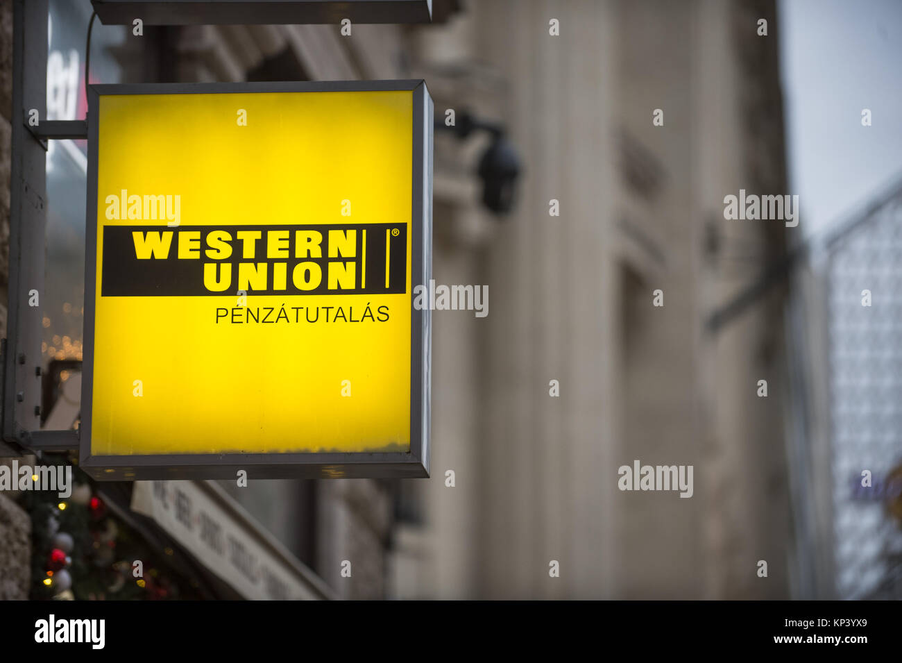 Budapest, Hungary. 12th Dec, 2017. A Western Union symbol is seen in  Budapest. Credit: Omar Marques/SOPA/ZUMA Wire/Alamy Live News Stock Photo -  Alamy