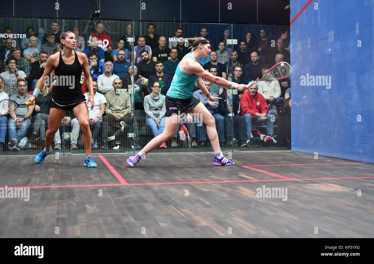 Manchester  UK  13th December 2017    Sarah-Jane Perry (England), the ninth seed loses to  Joelle King  (New Zealand)  the seventh seed, 1-11, 11- 6, 12-14, 6- 11 in the second round of the A J Bell PSA World Championships in Manchester. Credit: John Fryer/Alamy Live News Stock Photo