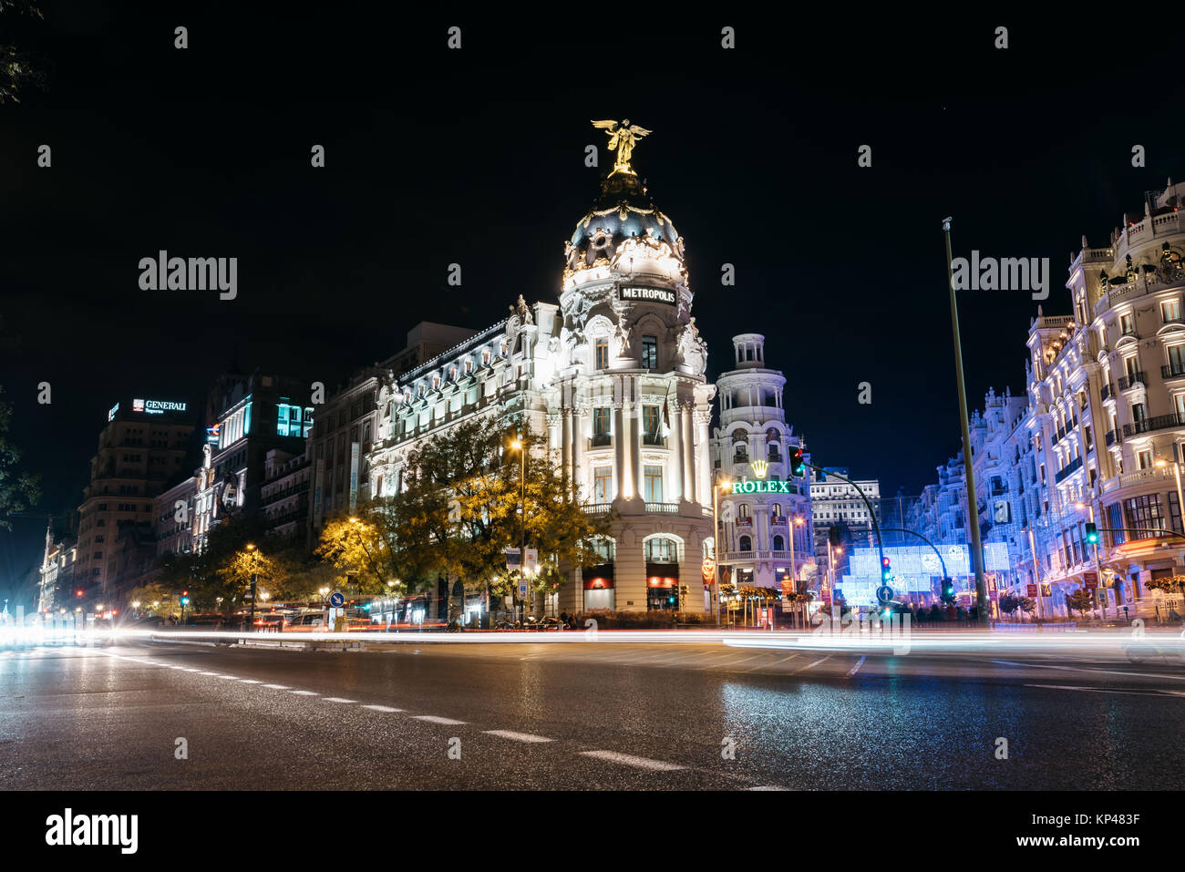 Gran Via Street in Madrid at night on Christmas time with lighti Stock Photo