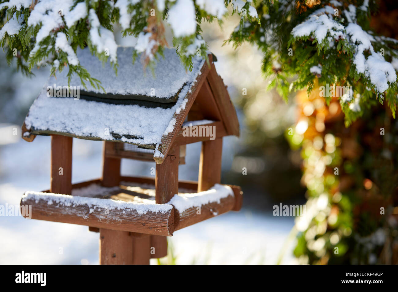 Bird table in a winter scene Stock Photo