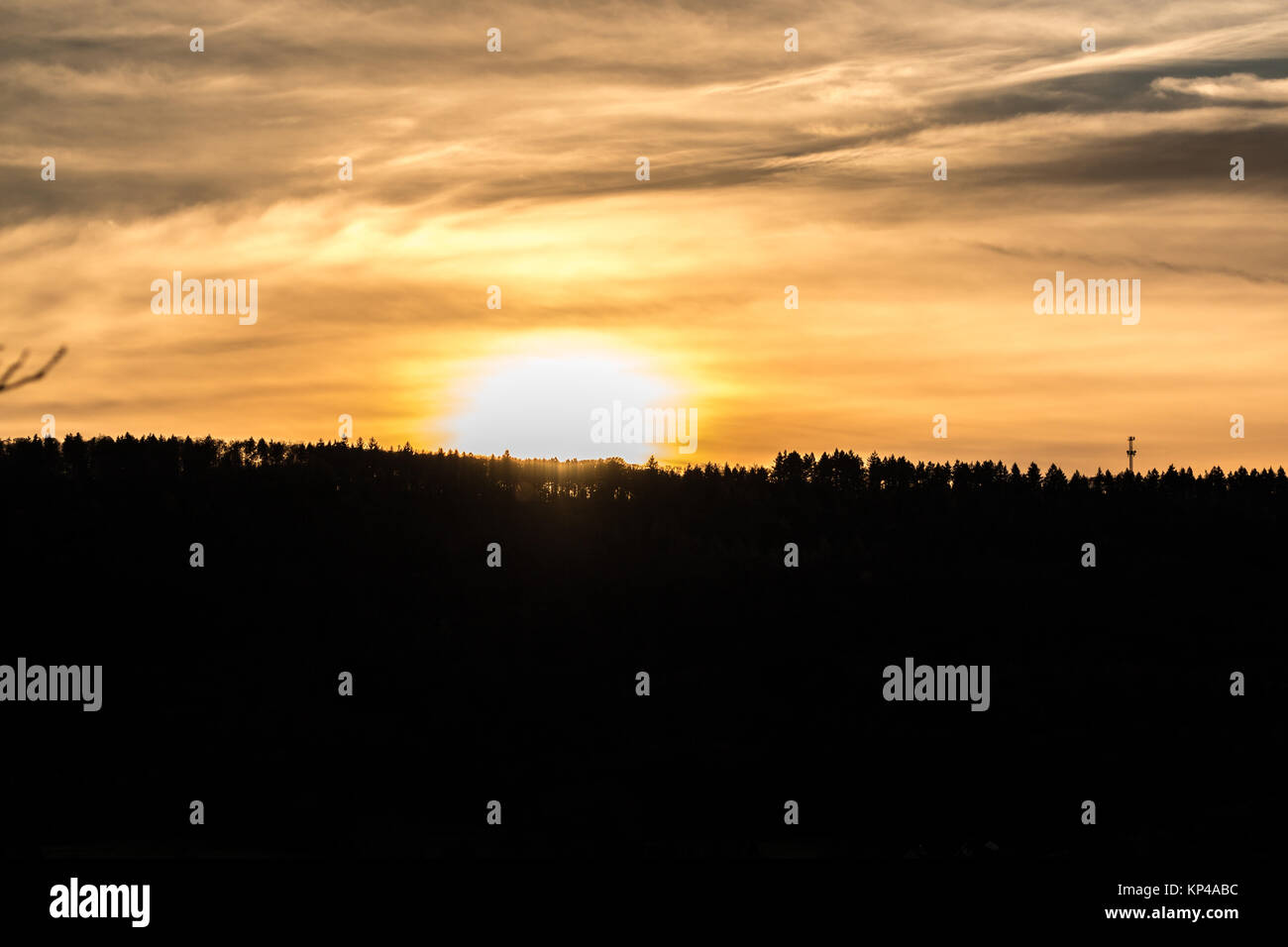 Sunset with yellow sky and black shadows of the forest Stock Photo