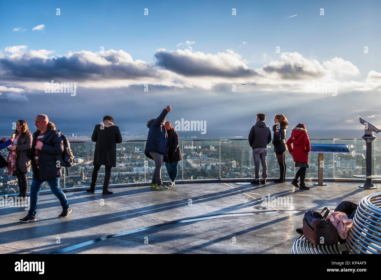 Frankfurt,Germany.Young couple take selfie &  look at Aerial view from Helaba Main Tower. Stock Photo