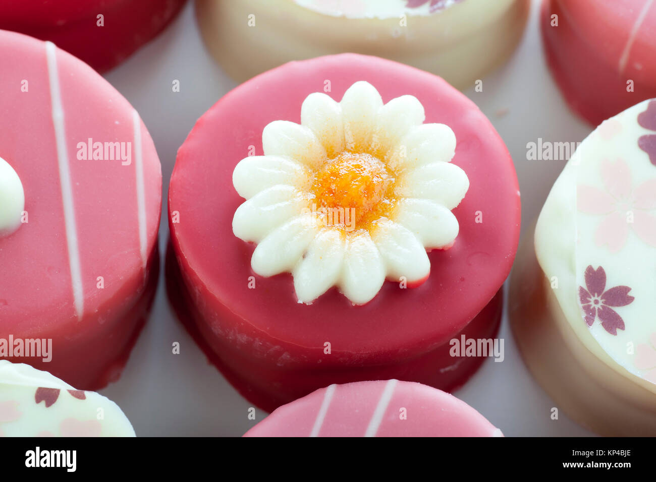 Close up of pink petit four with flower decoration. Stock Photo