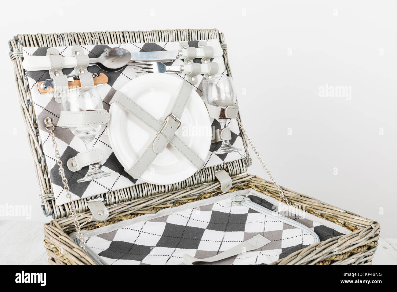 picnic basket and table place on white background, picnic table Stock