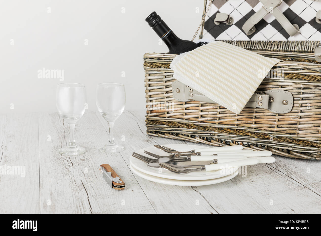 picnic basket and table place on white background, picnic table Stock