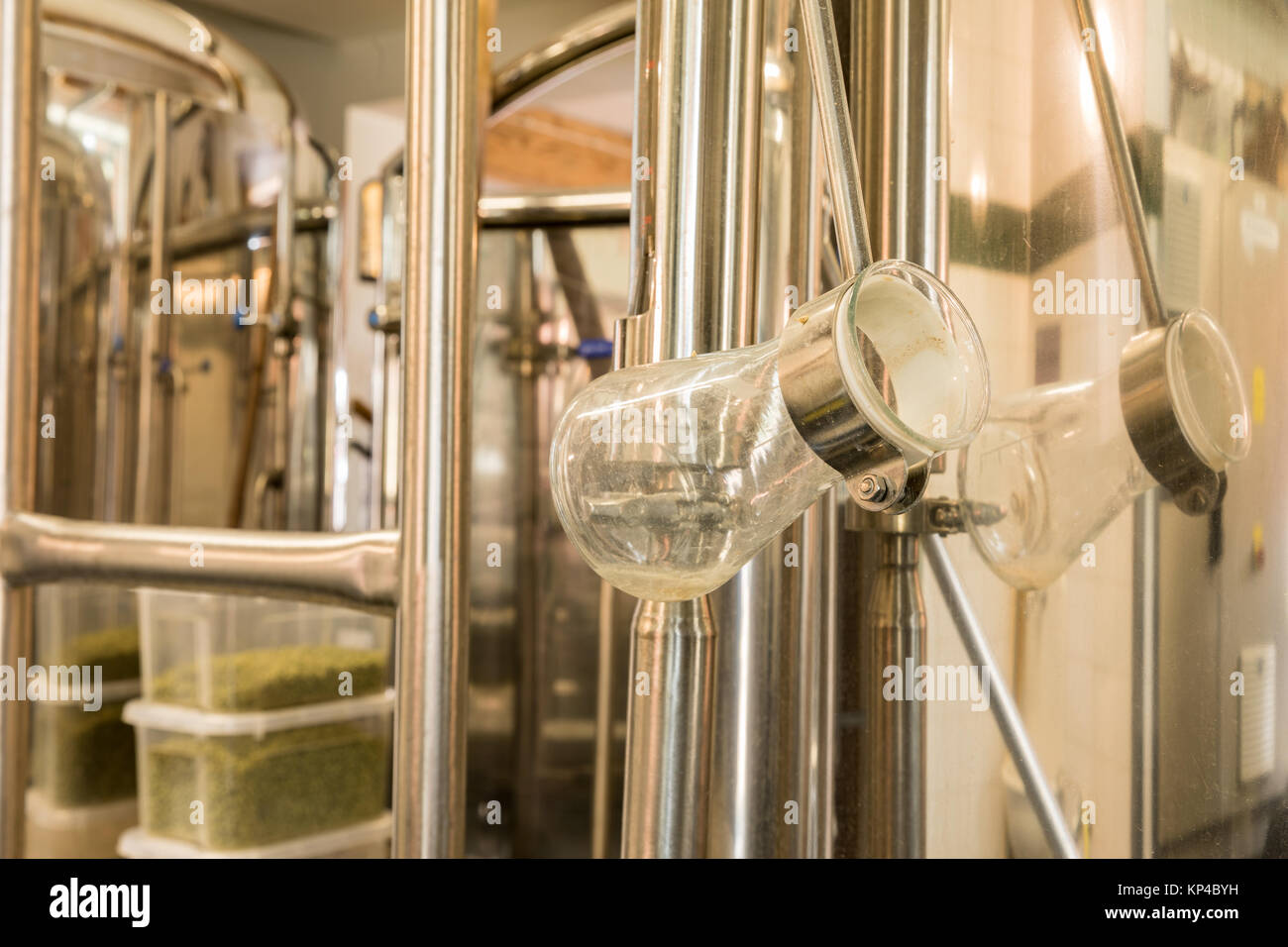 Modern beer plant (brewery), with brewing kettles, vessels, tubs and