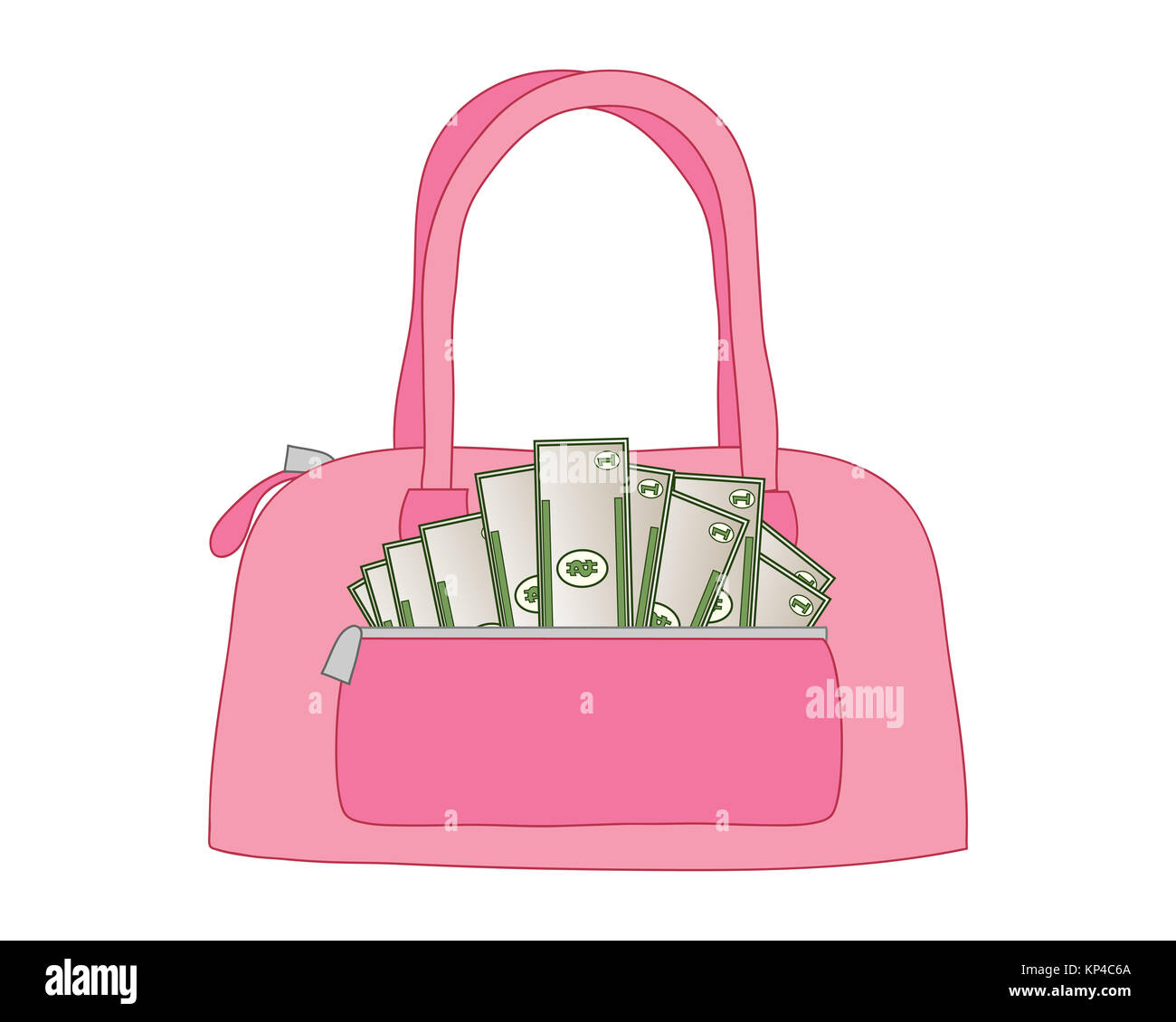 an illustration of a pink leather handbag full of dollar bills in a front pocket on a white background Stock Photo