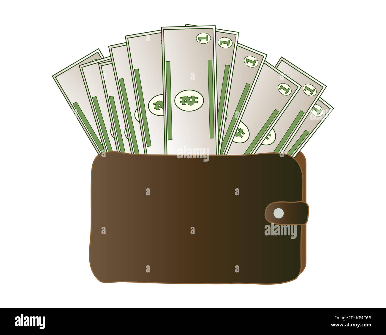 an illustration of a brown leather wallet full of dollar bills on a white background Stock Photo