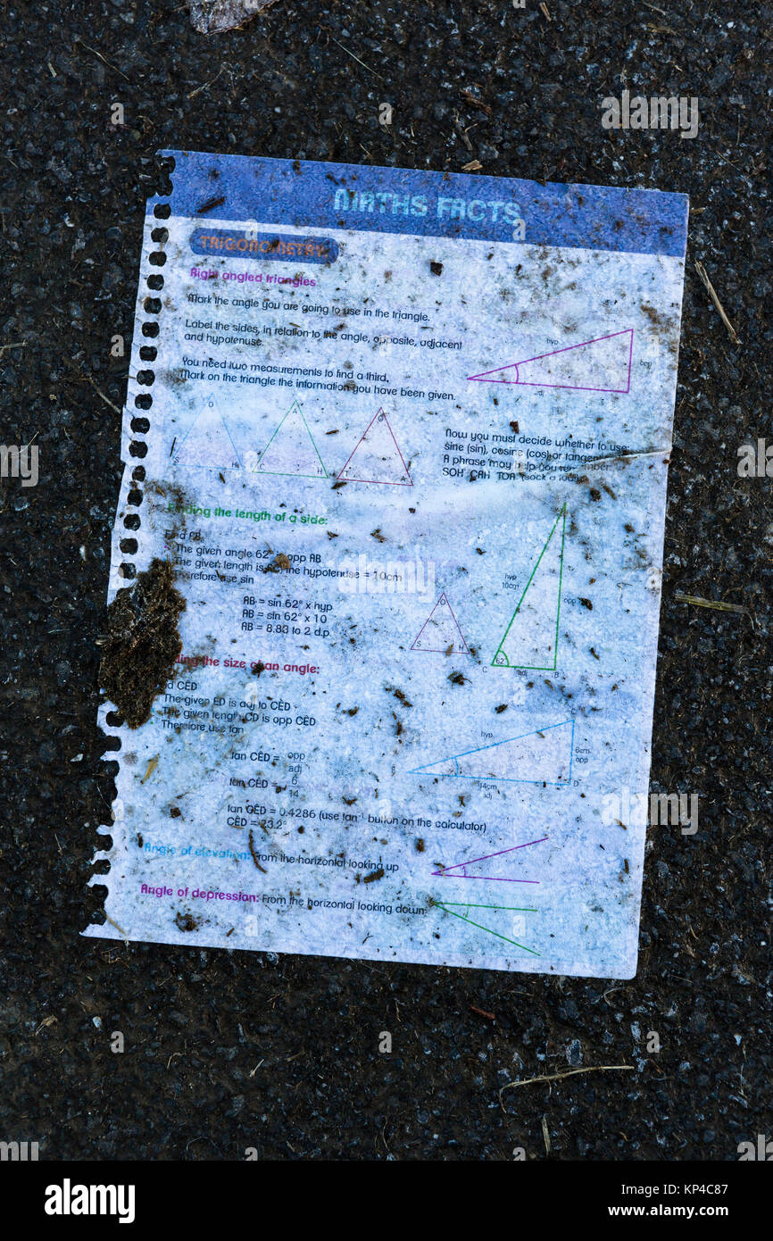 Discarded, torn out sheet from maths book lies covered in dirt on ground Stock Photo