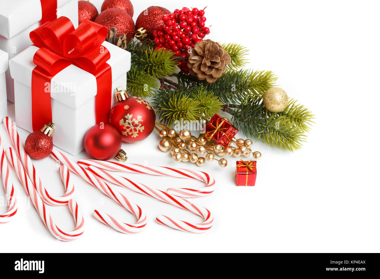 Gift with christmas tree and candy isolated on white background Stock ...