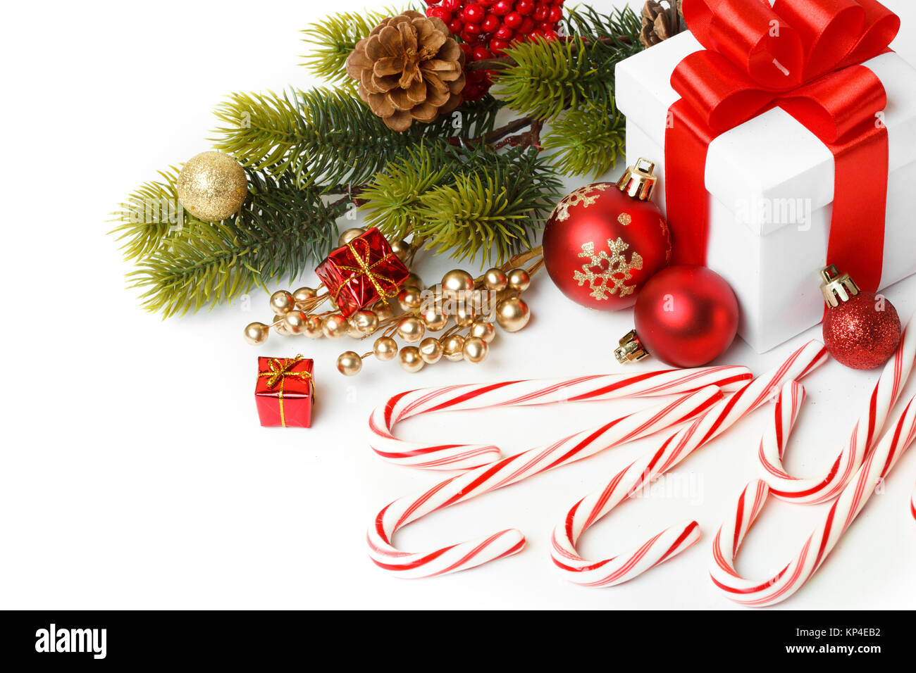 Gift with christmas tree and candy isolated on white background Stock ...