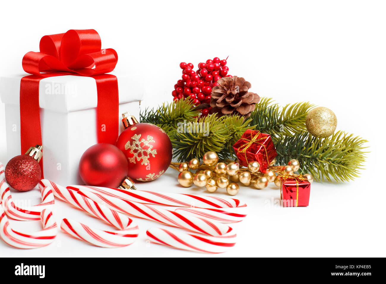 Gift with christmas tree and candy isolated on white background Stock ...