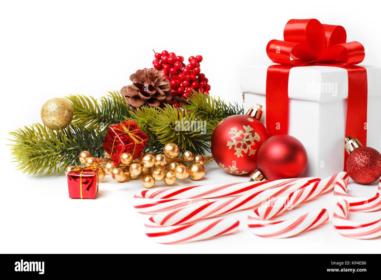 Gift with christmas tree and candy isolated on white background Stock ...