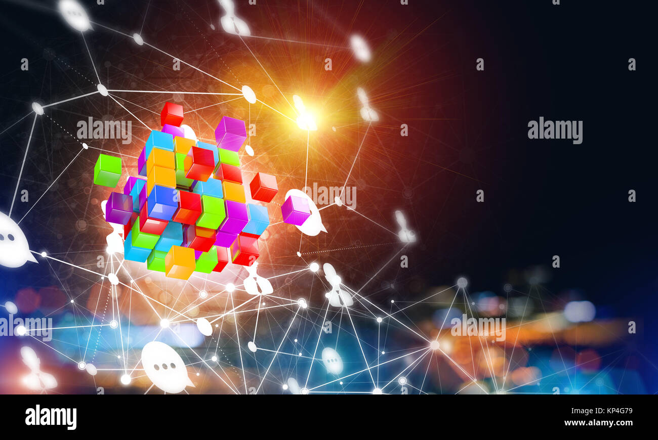 Concept of Internet and networking with digital cube figure on dark ...