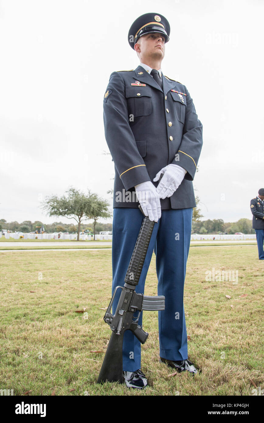 Fort Sam Houston Honor Guard members prepare for Retired Gen. Richard E. Cavazos, the U.S. Army's first Hispanic four-star general, internment ceremony Nov. 14, 2017, at JBSA-Fort Sam Houston National Cemetery, San Antonio, Texas. In 1976 Mexican-American Cavazos made military history by becoming the first Hispanic to attain the rank of brigadier general in the United States Army. Less than 20 years later, the native Texan would again make history by being appointed the Army's first Hispanic four-star general. He had been retired since 1984 and died Oct. 29 after a long illness at 88. (U.S. Ai Stock Photo