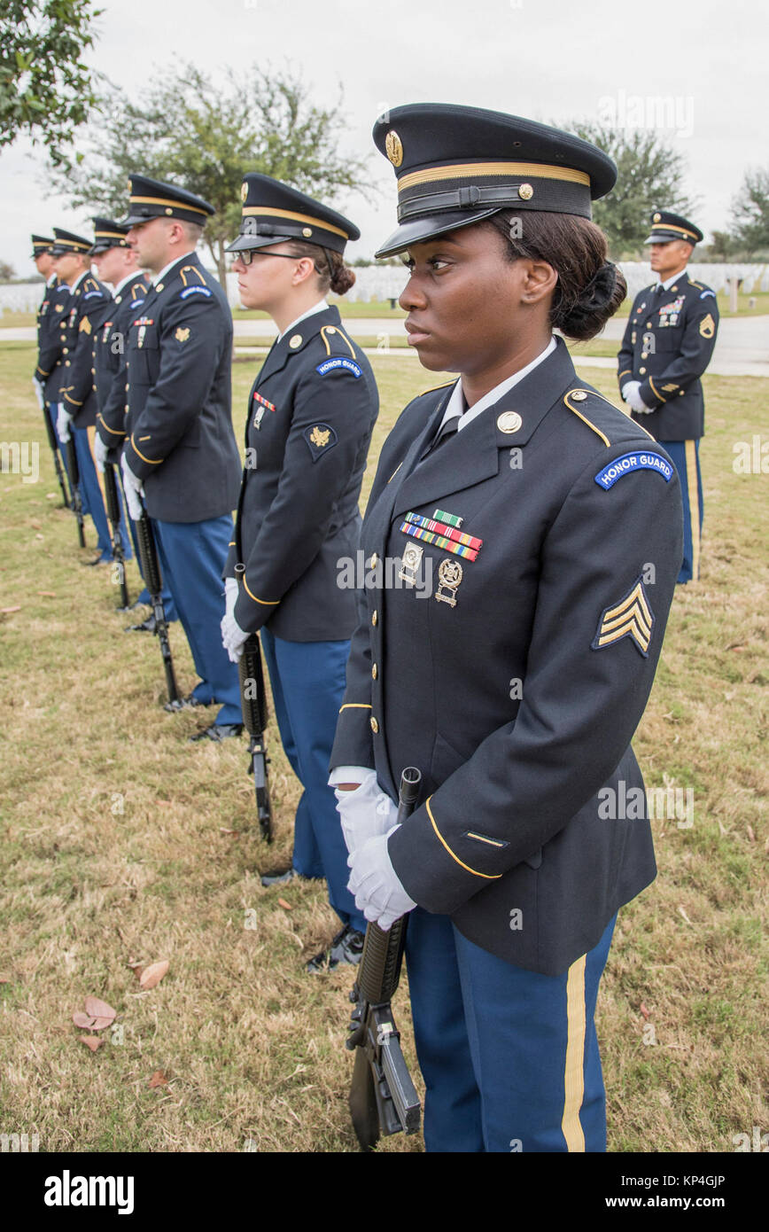 Fort Sam Houston Honor Guard members prepare for Retired Gen. Richard E. Cavazos, the U.S. Army's first Hispanic four-star general, internment ceremony Nov. 14, 2017, at JBSA-Fort Sam Houston National Cemetery, San Antonio, Texas. In 1976 Mexican-American Cavazos made military history by becoming the first Hispanic to attain the rank of brigadier general in the United States Army. Less than 20 years later, the native Texan would again make history by being appointed the Army's first Hispanic four-star general. He had been retired since 1984 and died Oct. 29 after a long illness at 88. (U.S. Ai Stock Photo