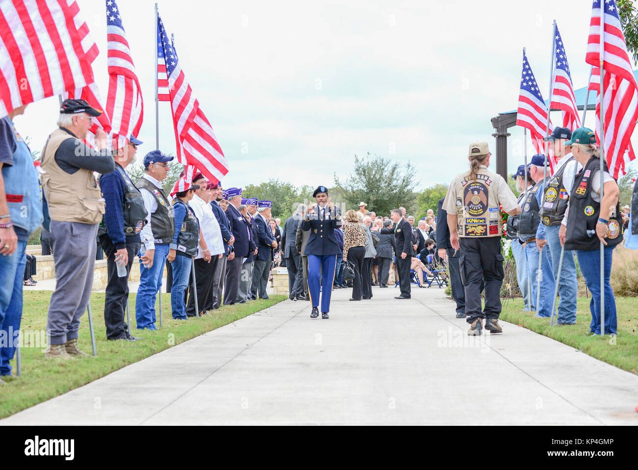 Patriot Guard Riders align along the walkway before Retired Gen. Richard E. Cavazos, the U.S. Army's first Hispanic four-star general,  internment ceremony Nov. 14, 2017, at JBSA-Fort Sam Houston National Cemetery, San Antonio, Texas. In 1976 Mexican-American Cavazos made military history by becoming the first Hispanic to attain the rank of brigadier general in the United States Army. Less than 20 years later, the native Texan would again make history by being appointed the Army's first Hispanic four-star general. He had been retired since 1984 and died Oct. 29 after a long illness at 88. (U.S Stock Photo