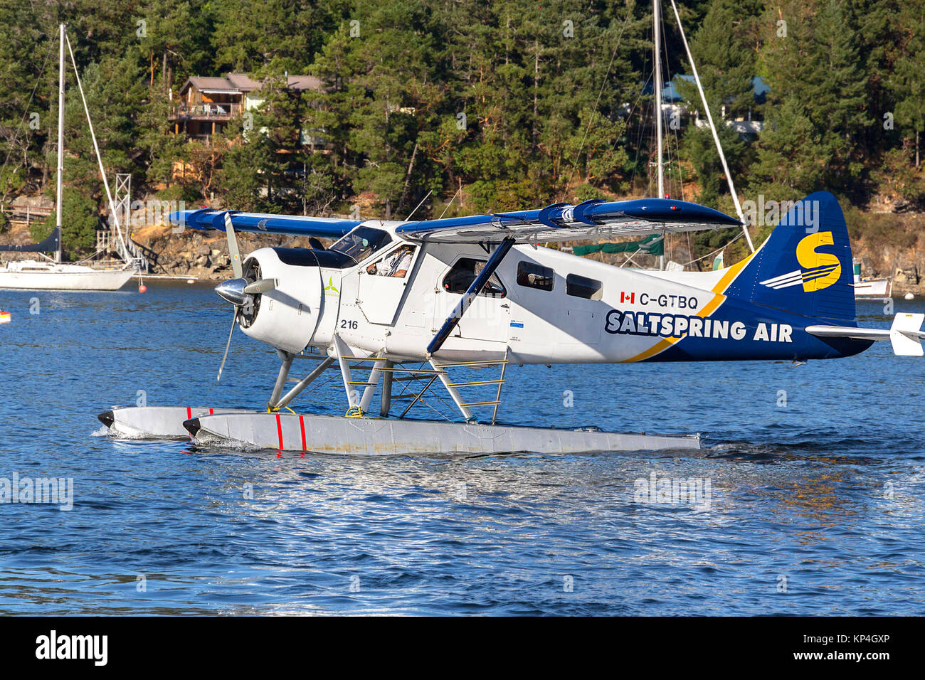 Salt Spring Island, Canada - August 28th, 2017: A seaplane  deHavilland Beaver or DHC- 2 by Saltspring Air ready to take off from Ganges Harbour marin Stock Photo