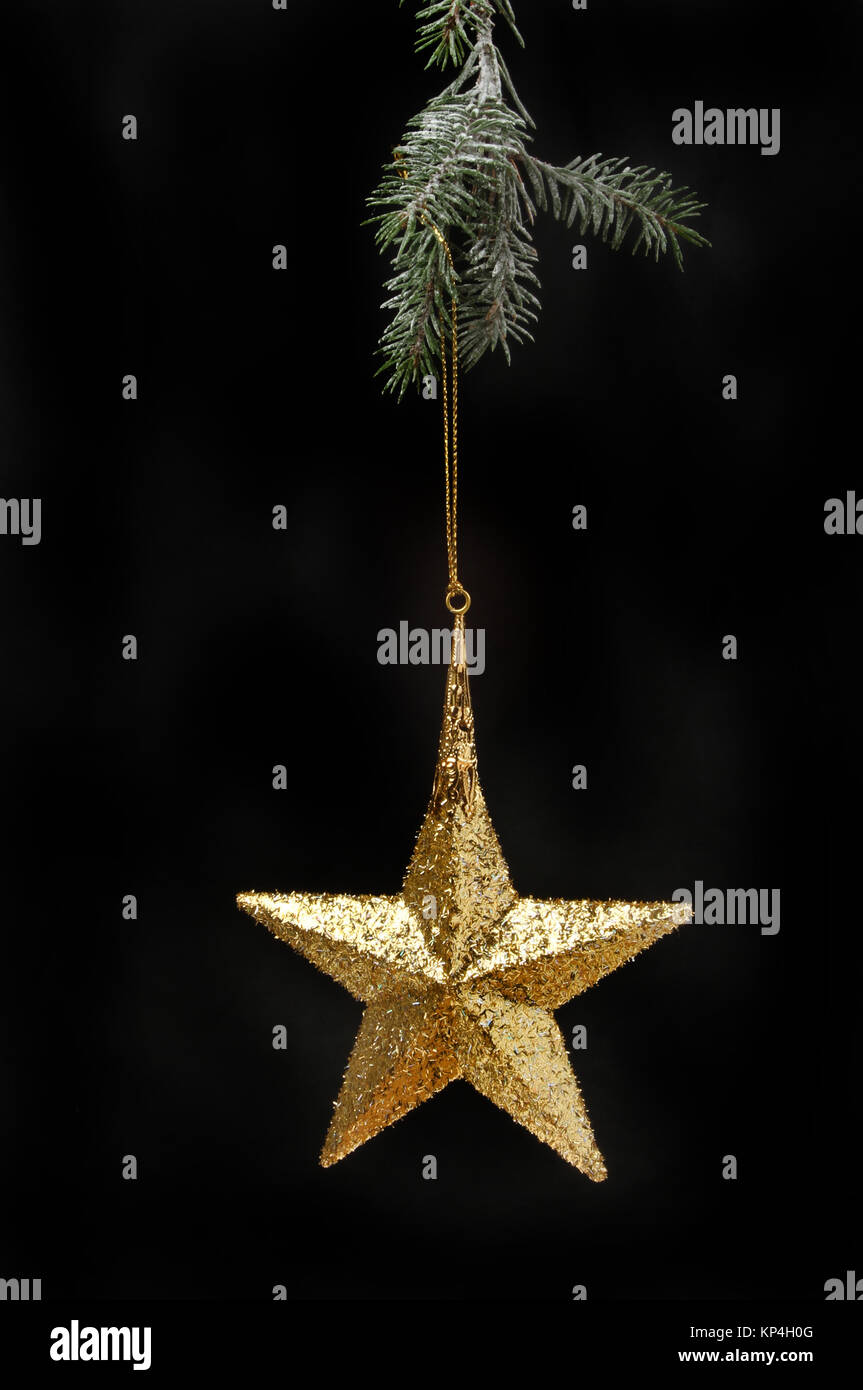 Gold glitter Christmas decoration hanging from a snow dusted conifer ...