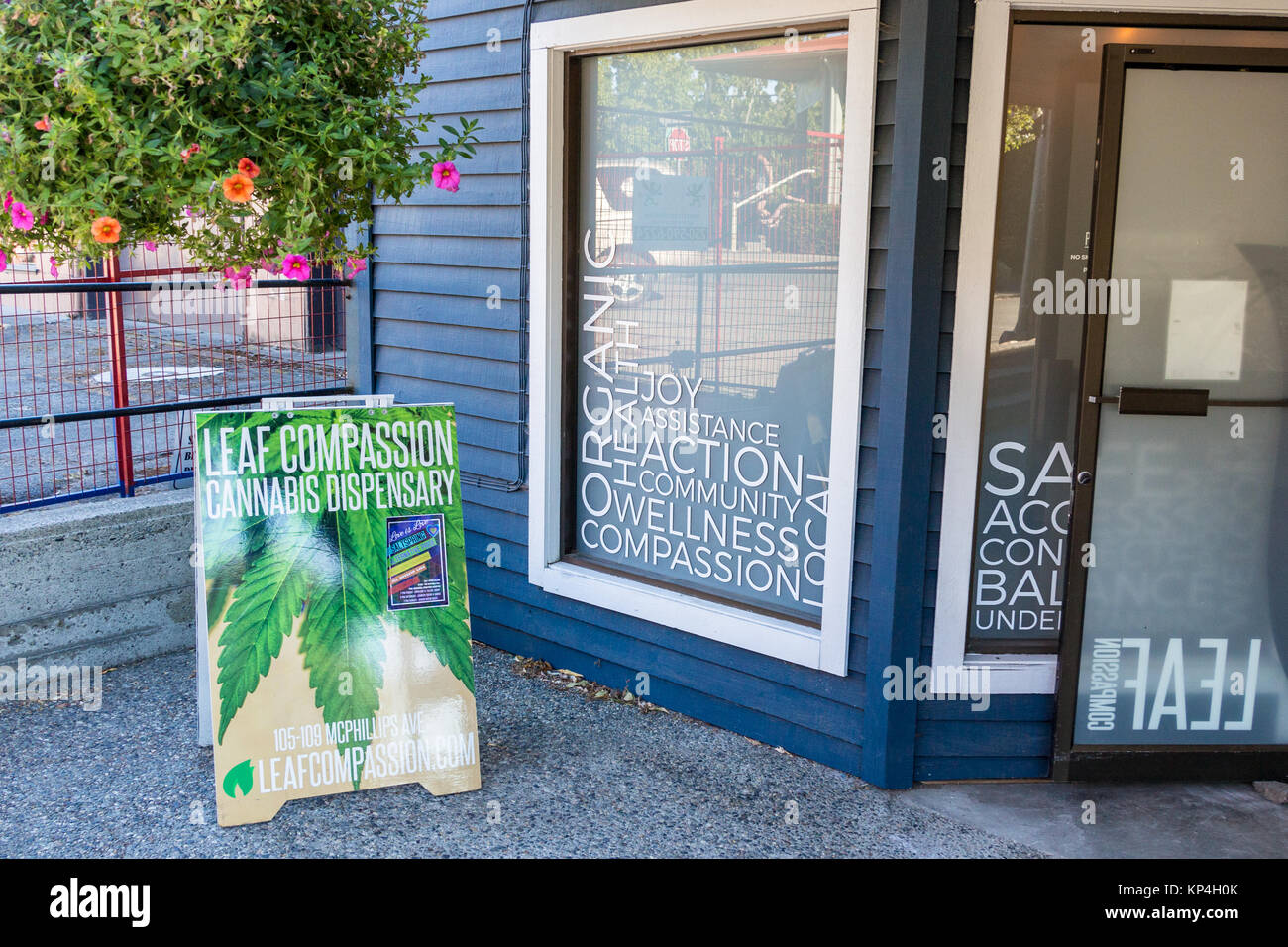 Salt Spring Island, Canada - August 28th, 2017: The entrance of the Salt Spring Compassion cannabis dispensary in Salt Spring Island. Stock Photo