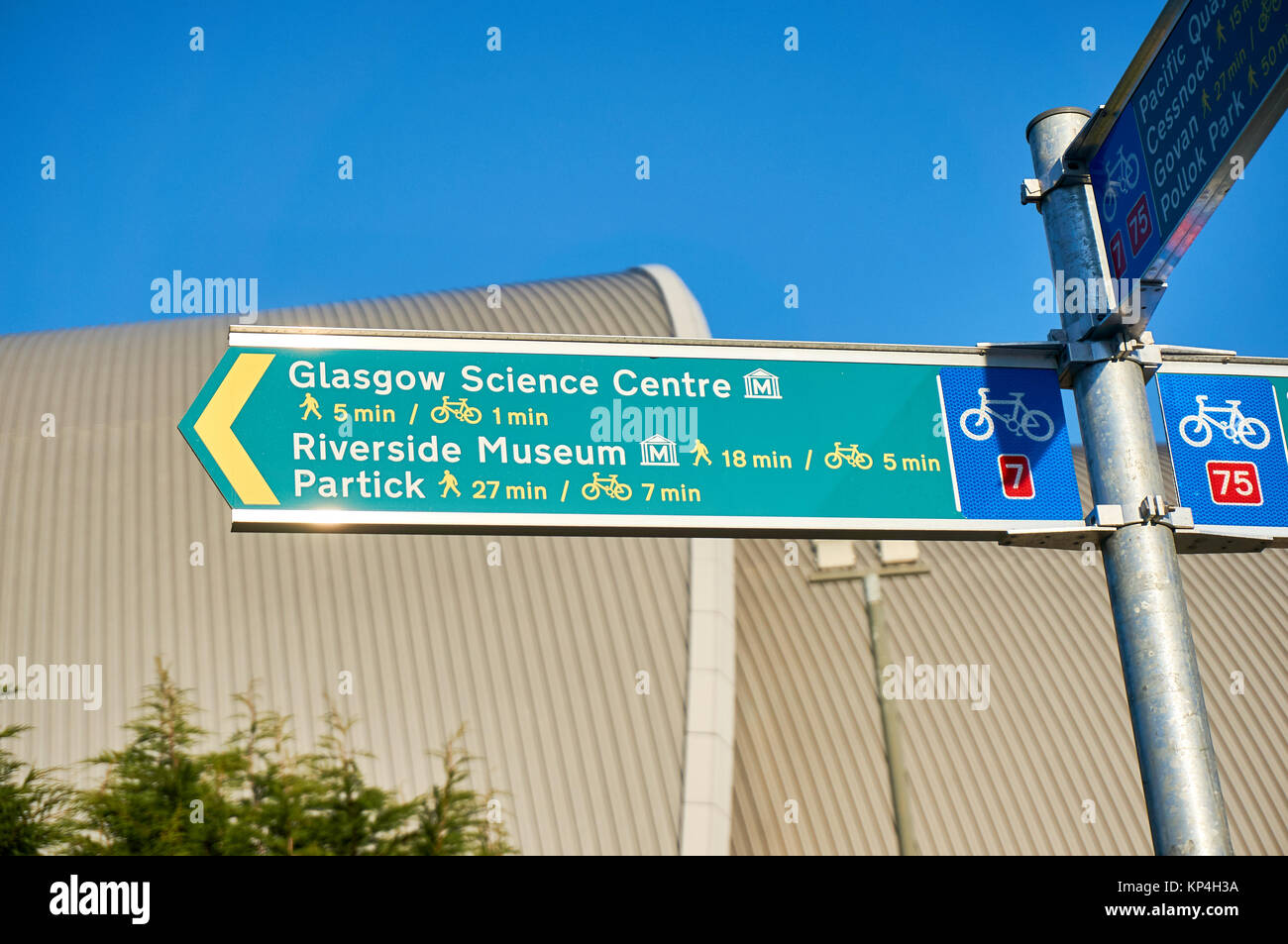 Direction signpost showing anticipated times duration of travel to popular tourists attractions and landmarks in Glasgow, Scotland. Stock Photo
