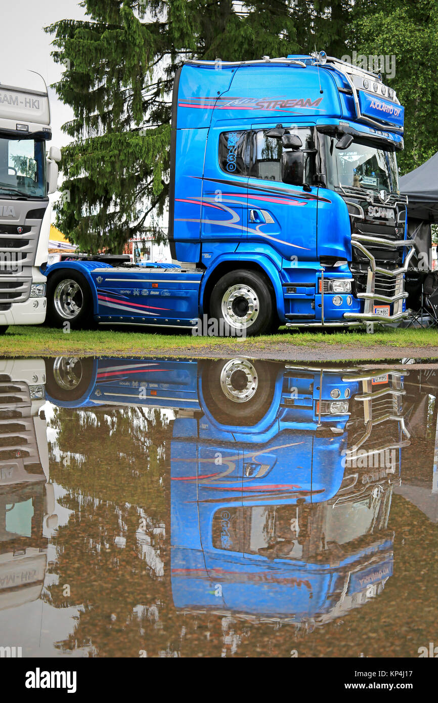 PORVOO, FINLAND - JUNE 27, 2015: Scania Blue Stream limited edition of Lohjan Ajolahto R730 V8 on display at Riverside Truck Meeting 2015. Stock Photo