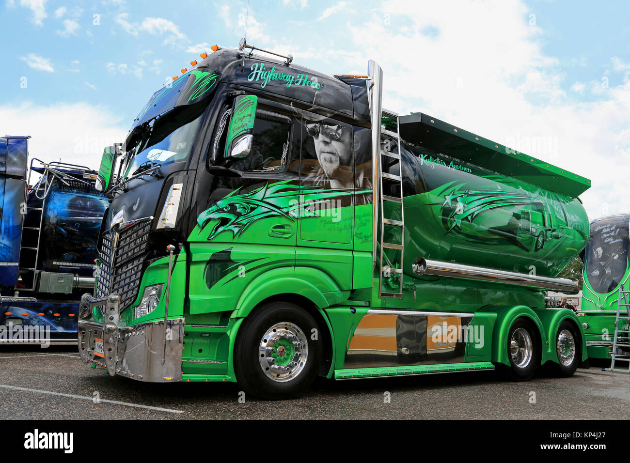 PORVOO, FINLAND - JUNE 27, 2015: Mercedes-Benz Actros Highway Hero of Kuljetus Auvinen at Riverside Truck Meeting 2015. Stock Photo
