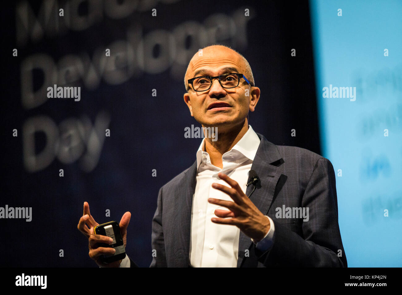 Satya Nadella, chief executive officer of Microsoft Corp., speaks during the opening keynote session at the Microsoft Developer Day in Singapore, May 27, 2016. Stock Photo