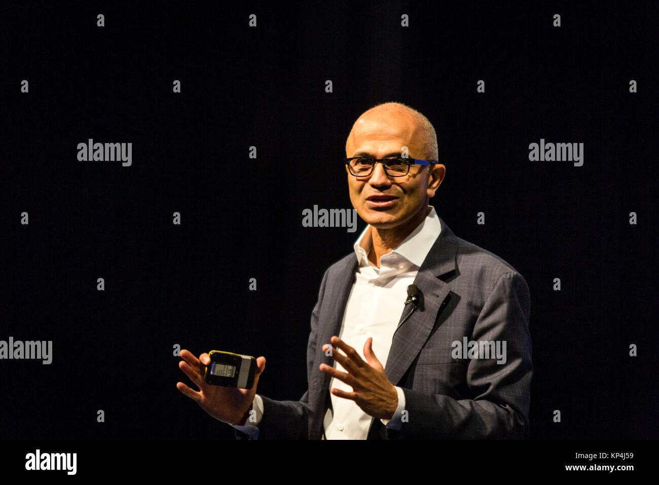 Satya Nadella, chief executive officer of Microsoft Corp., speaks during the opening keynote session at the Microsoft Developer Day in Singapore, May 27, 2016. Stock Photo