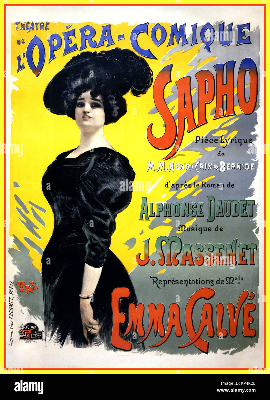 Vintage 1890's Poster for the Theatre de l'Opera-Comique promoting a   comic opera with Emma Calvé by Arthur Bernide and Henri Cain Music by Jules Massenet from a bookl by Alphonse Daudet Stock Photo