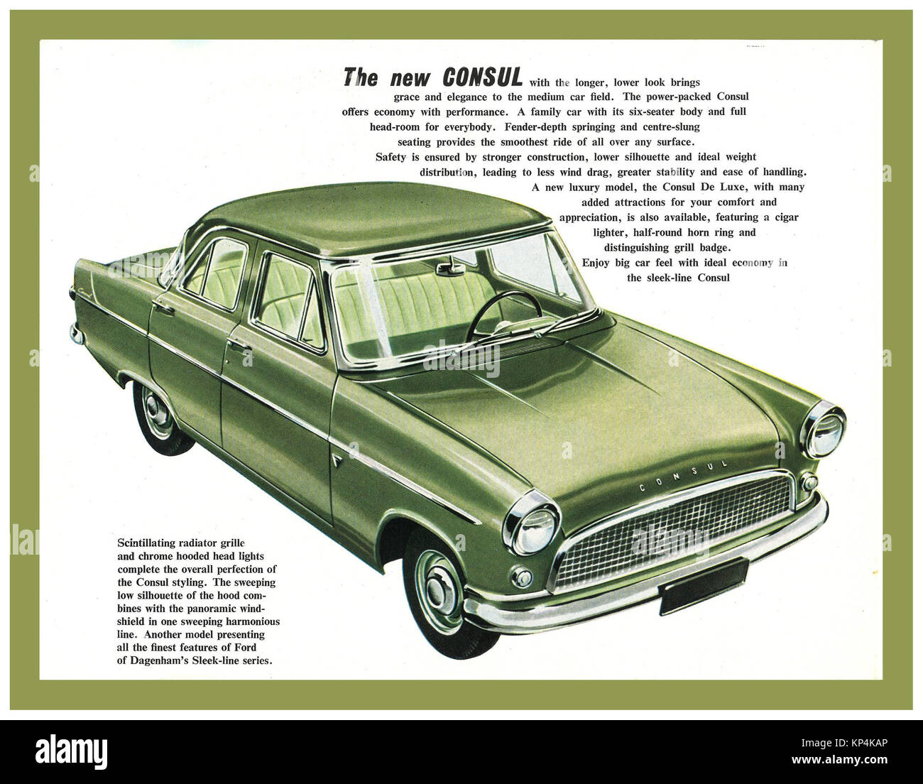 Vintage 1950's Ford Motor Car Advertisement Poster  for the 1956 Ford Consul Mark II Saloon (204E) Between 1951 and 1962, the Consul was the four-cylinder base model of the three-model Ford Zephyr range Stock Photo