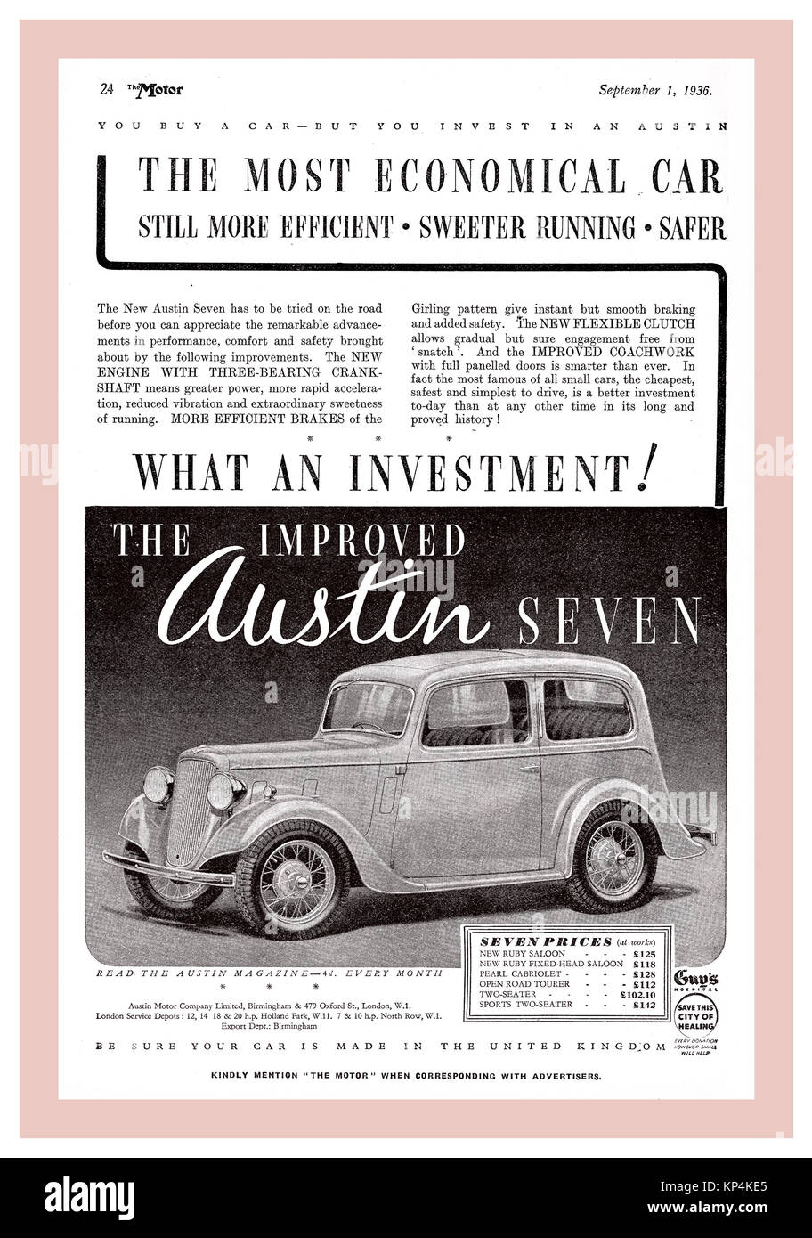 1930s Vintage Austin Seven 2 door saloon British motorcar 1936 press magazine advertisement Stock Photo