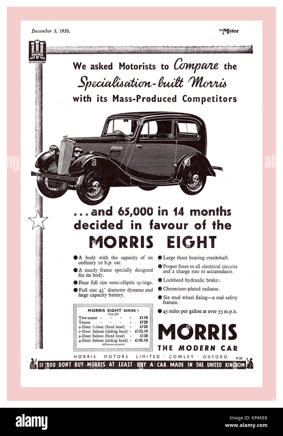 1930's vintage press ad for The Morris Eight  a small British family car produced by Morris Motors from 1935 to 1948. Stock Photo