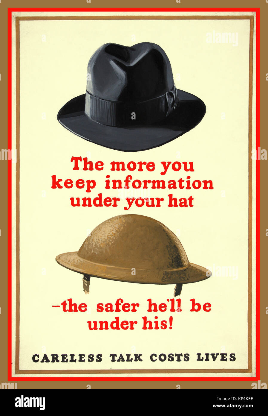 1940's WW2 British UK Propaganda poster Anti-rumour and careless talk 'The more you keep information under your hat, the safer he'll be under his' CARELESS TALK COSTS LIVES' World War 2 Stock Photo