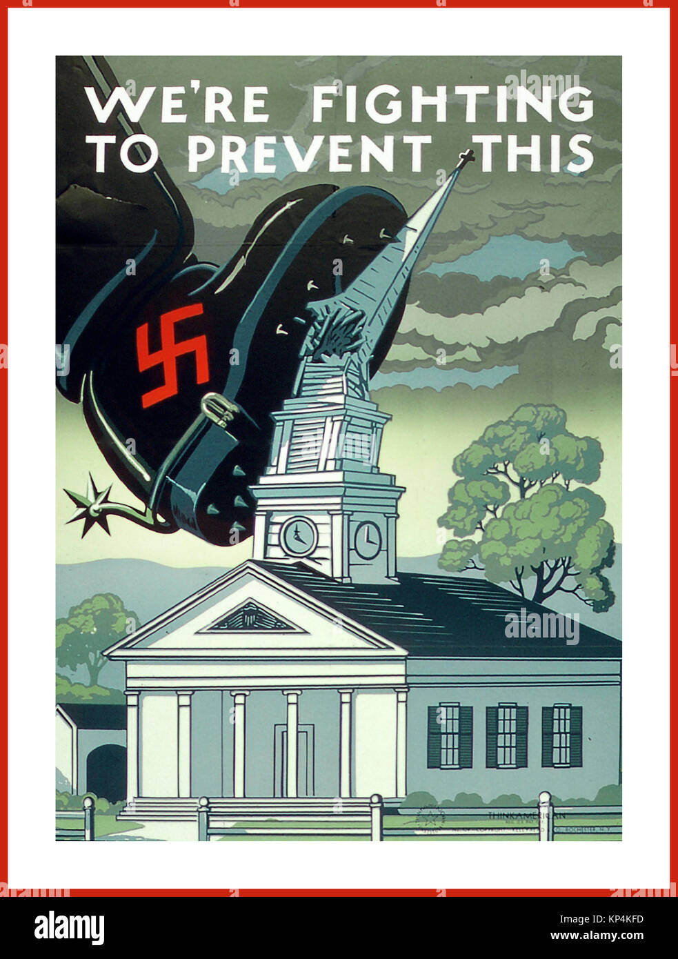 1940's WW2 Vintage American Propaganda Poster 'WE'RE FIGHTING TO PREVENT THIS' During WWII the US government used propaganda about the protection of religious freedoms to further national support for war Stock Photo