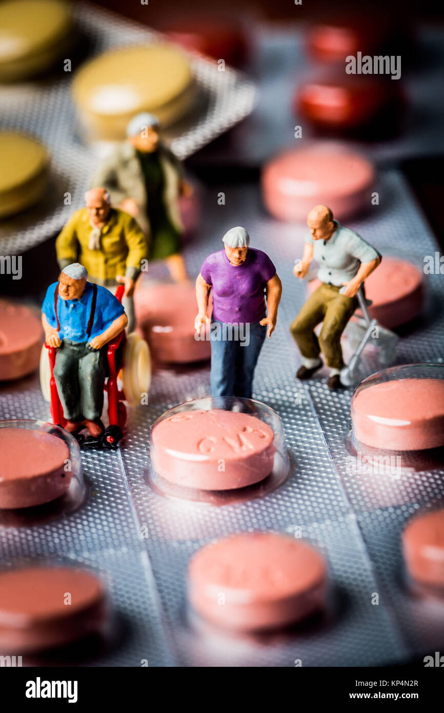 Conceptual image on medication use by the elderly personn. Stock Photo