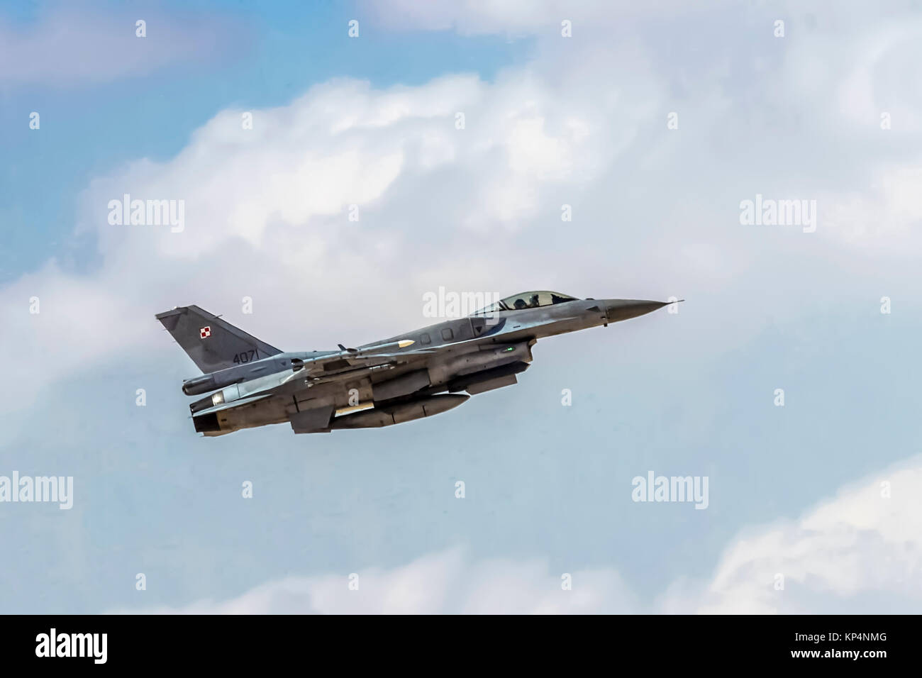 Polish Air Force General Dynamics F-16 Block 52+ in flight.  Photographed at the  “Blue-Flag” 2017, an international aerial training exercise hosted b Stock Photo