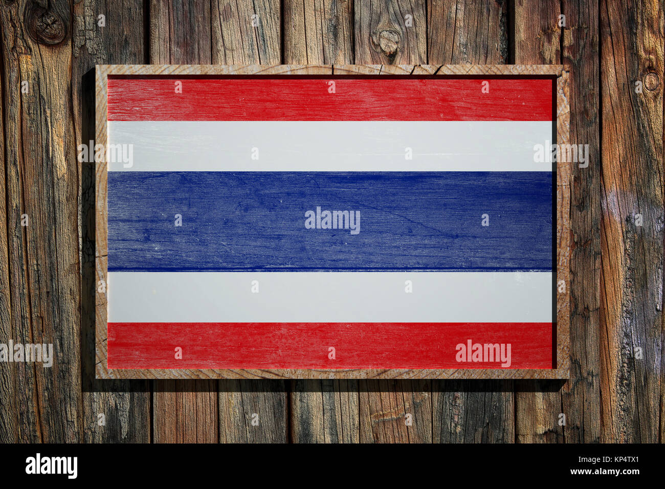 3d rendering of Thailand flag on a wooden frame over a planks wall ...