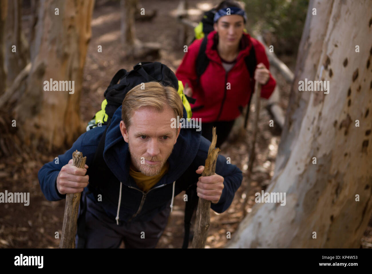 Hiker couple treading in forest during daytime Stock Photo