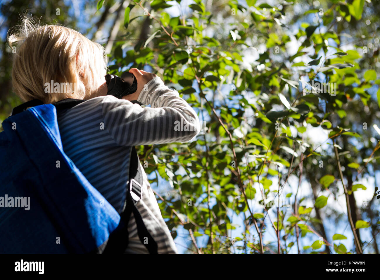 Little girl with bag pack enjoying nature with binoculars in the forest
