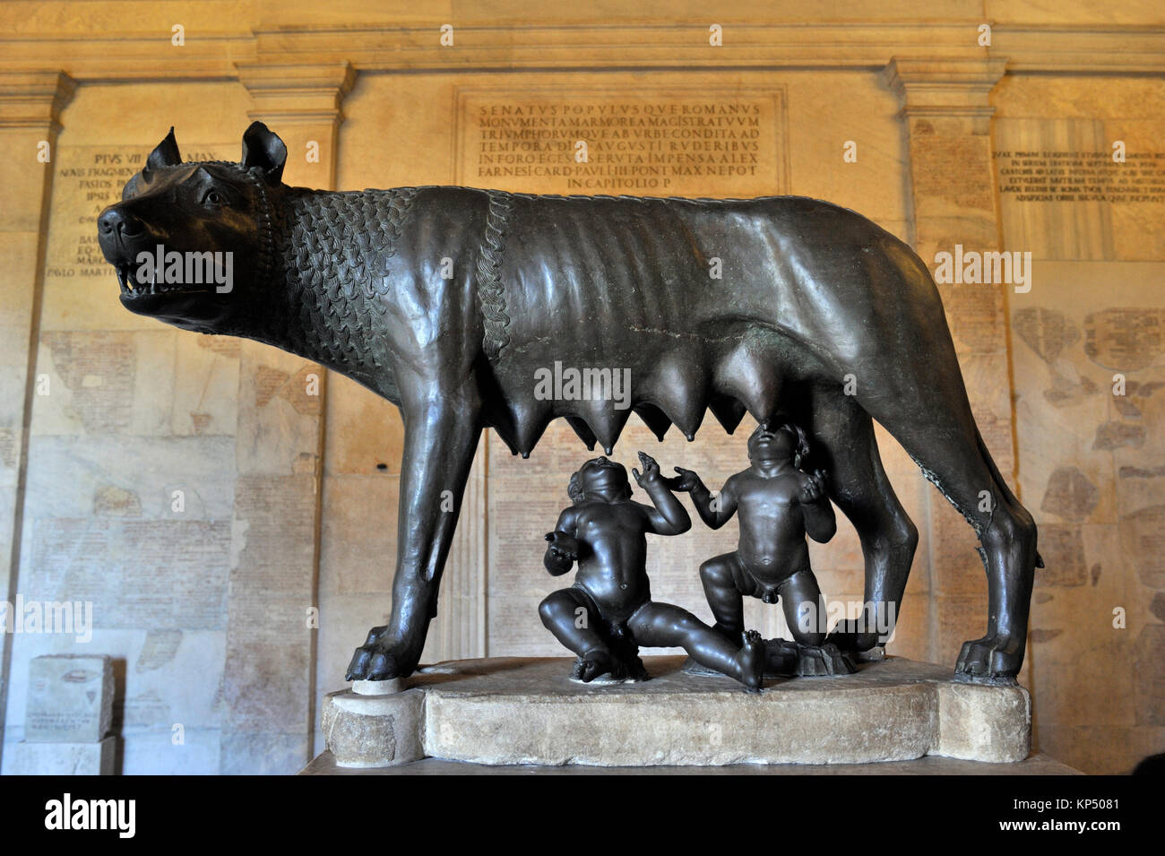 Italy, Rome, Capitoline Museums, Musei Capitolini, Palazzo dei Conservatori, she-wolf with Romulus and Remus, ancient roman bronze sculpture Stock Photo