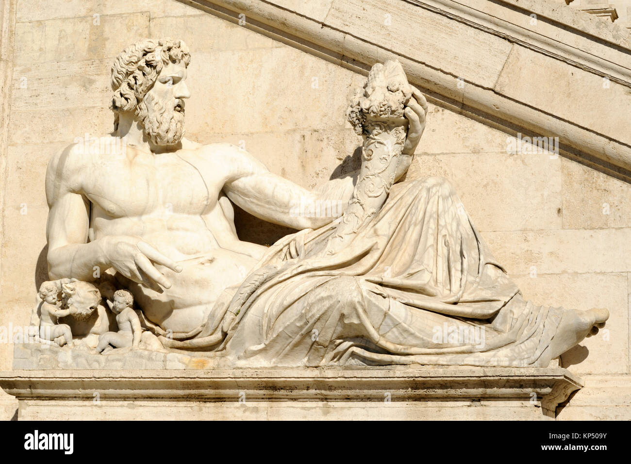 Italy, Rome, Campidoglio, roman statue of the Tiber river, Tiberinus god with Romulus and Remus Stock Photo