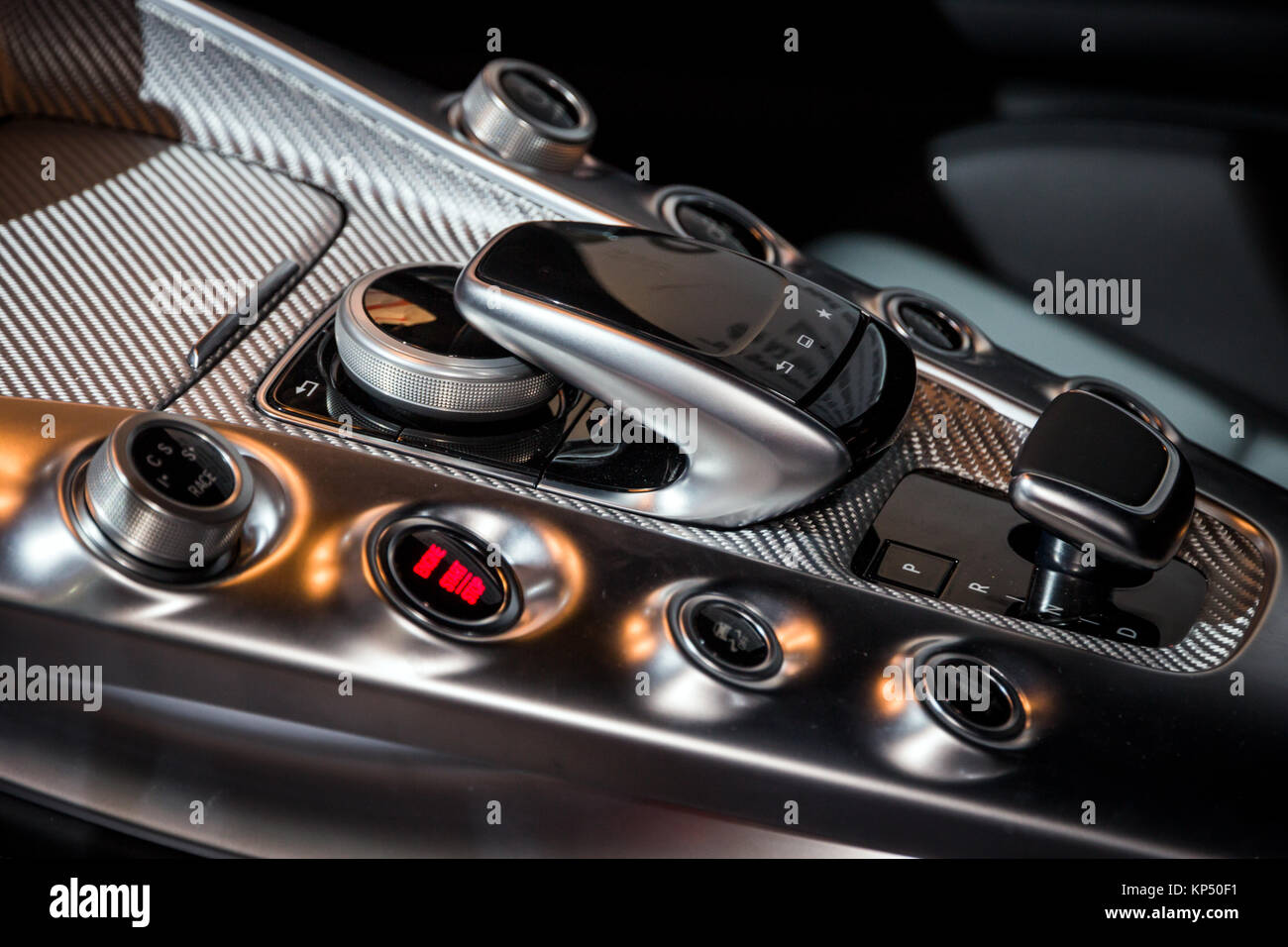 AMSTERDAM - APR 16, 2015: Interior centre console of a Mercedes-AMG ...