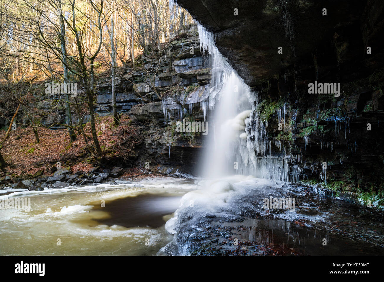 Summerhill Force and Gibson's Cave in Winter, Bowlees, Upper Teesdale, County Durham UK. Stock Photo