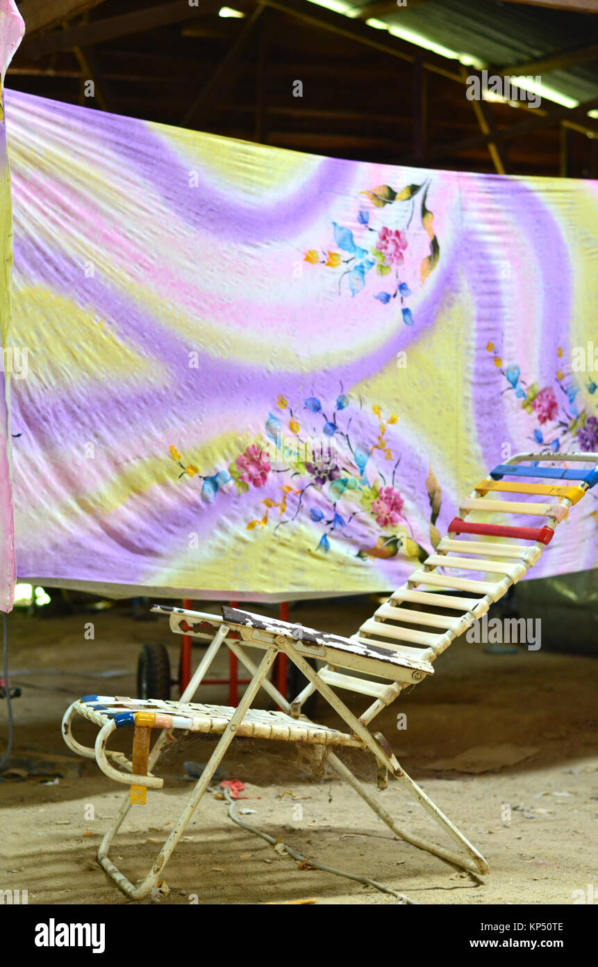 Kota Bharu, Kelantan, Malaysia - September 17th 2012 : place where Malaysian batik are hanged and dried.Malaysian batik are usually patterned with flo Stock Photo
