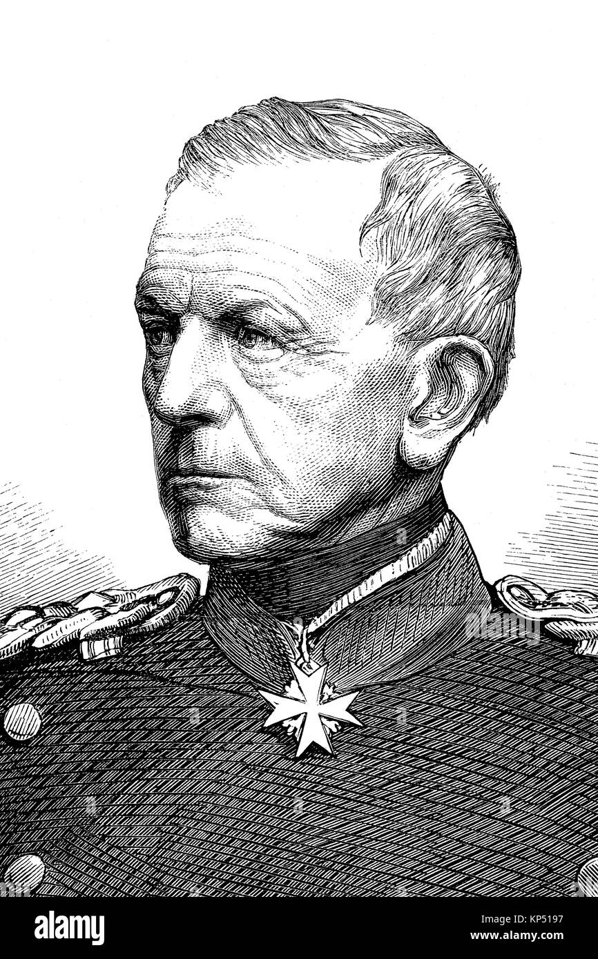Helmuth Karl Bernhard von Moltke, from 1870 Count von Moltke, 26 October 1800 - 24 April 1891, was a Prussian Field Marshal and Chief of the General Staff of German armies, German-French campaign of 1870, time of the Franco-Prussian War or Franco-German War, Deutsch-Franzoesischer Krieg, 1870 - 1871, digital improved reproduction of an original woodcut from 1871 Stock Photo