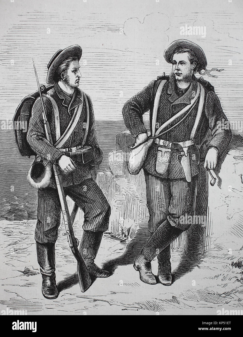 Two soldiers in the uniform of the German Sea Defence, 1870, time of the Franco-Prussian War or Franco-German War, Deutsch-Franzoesischer Krieg, 1870 - 1871, digital improved reproduction of an original woodcut from 1871 Stock Photo
