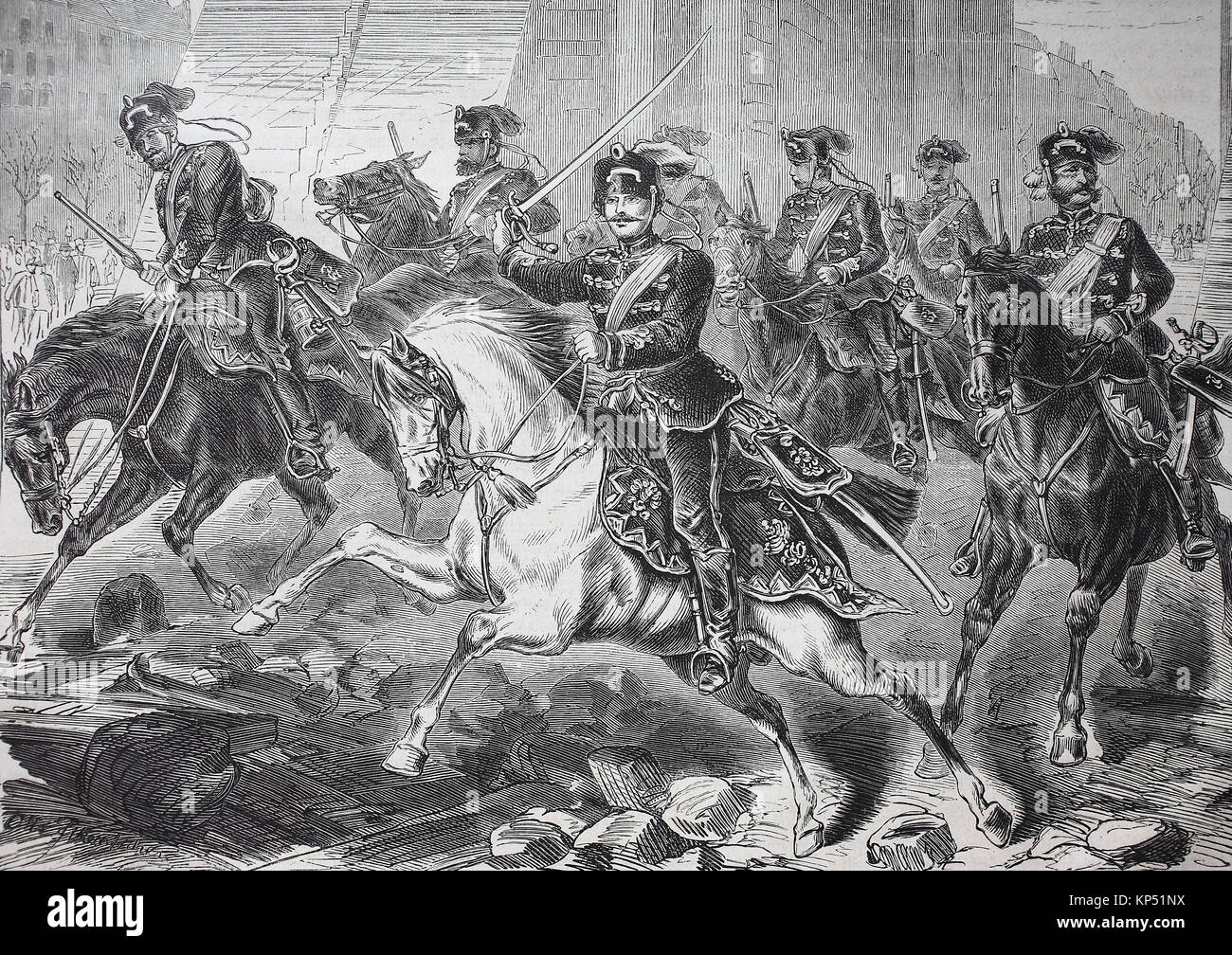 The first German soldiers in Paris on the morning of March 1, 1871, France, German-French campaign of 1870/1871, time of the Franco-Prussian War or Franco-German War, Deutsch-Franzoesischer Krieg, 1870 - 1871, digital improved reproduction of an original woodcut from 1871 Stock Photo