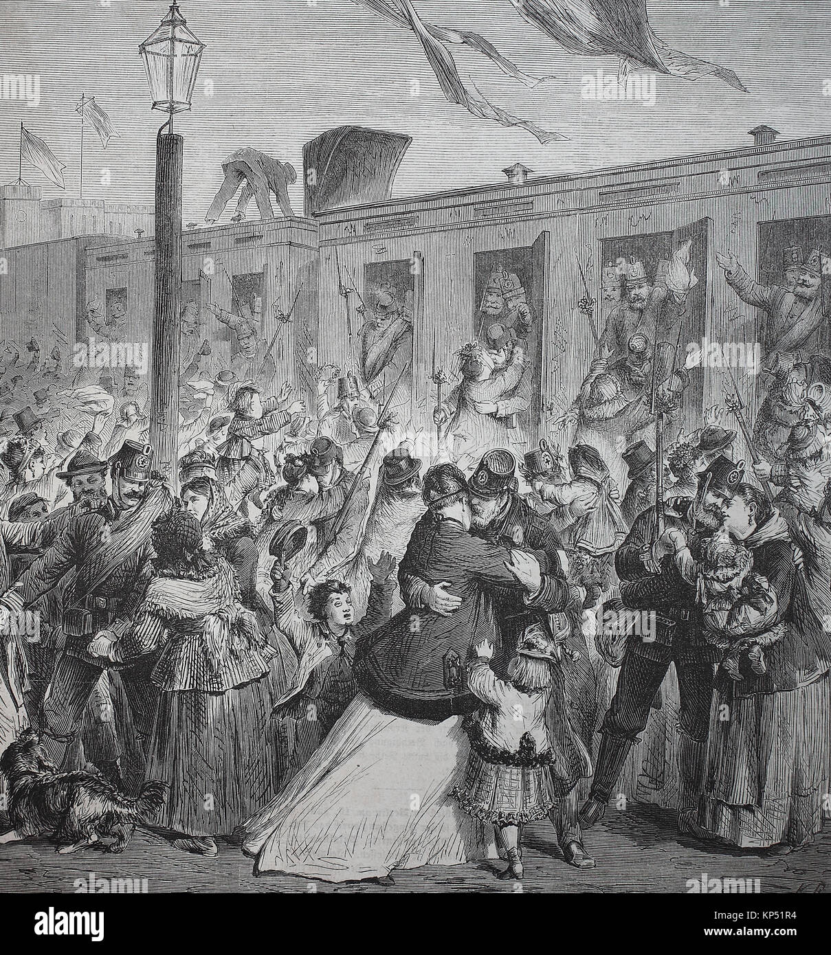 The soldiers of the Guard Landwehr are received by their families at the Potsdam station of Berlin, on March 22, 1871, Germany, time of the Franco-Prussian War or Franco-German War, Deutsch-Franzoesischer Krieg, 1870 - 1871, digital improved reproduction of an original woodcut from 1871 Stock Photo