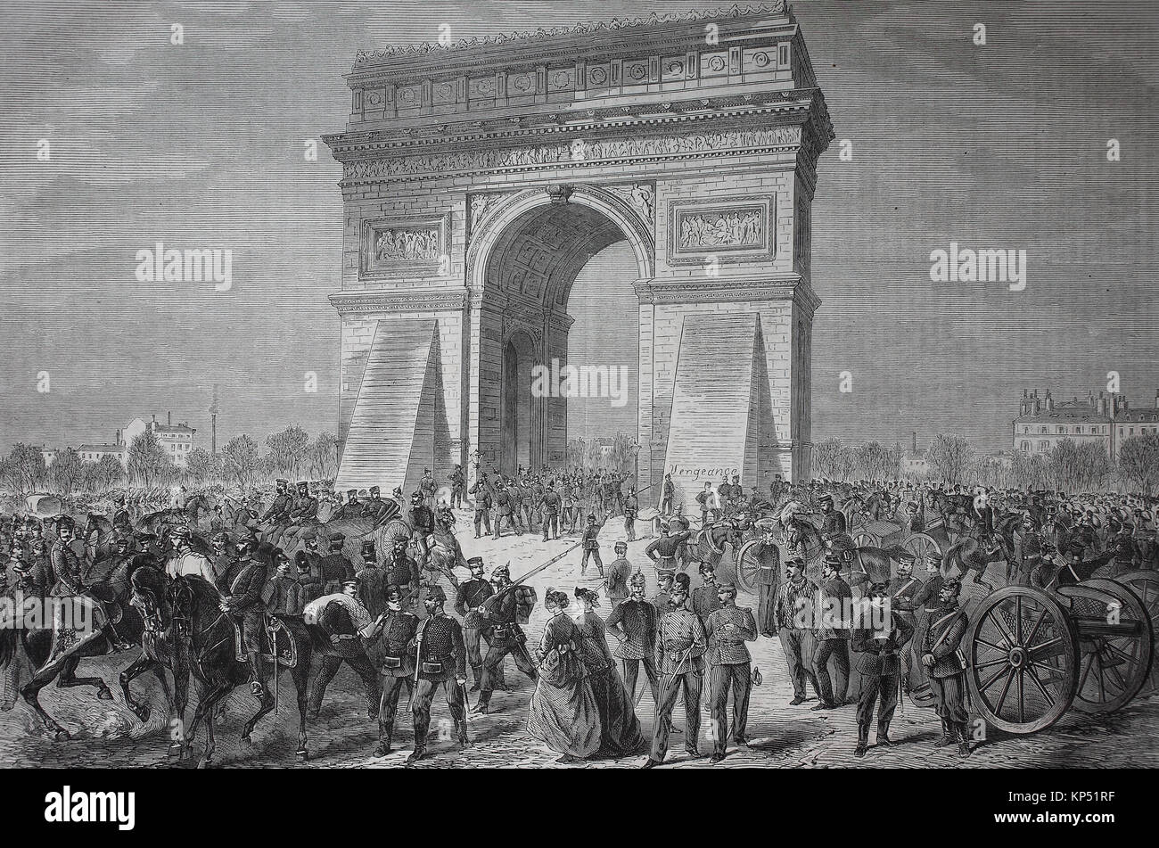 On the triumphal arch in Paris, during the stay of the German soldiers on March 2, 1871, France, time of the Franco-Prussian War or Franco-German War, Deutsch-Franzoesischer Krieg, 1870 - 1871, digital improved reproduction of an original woodcut from 1871 Stock Photo